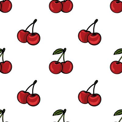 A seamless pattern of red cherries with green leaves on a white background. The cherries are depicted in pairs, showcasing their vibrant color and glossy appearance.
