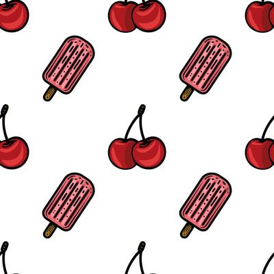 A seamless pattern featuring popsicles and cherries on a white background. The popsicles are pink with a wooden stick, and the cherries are bright red with green stems.
