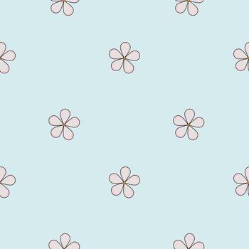 A seamless pattern featuring small, outlined flower shapes in a light pastel blue background. The flowers are simple and symmetrical, creating a delicate and charming design. vector