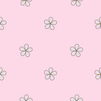 A seamless pattern featuring small, outlined flowers on a soft pink background. The flowers have a simple, minimalist design with rounded petals and a delicate appearance. vector