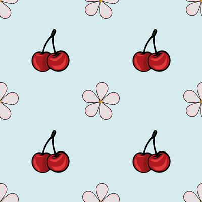 A repeating pattern featuring red cherries and light pink flowers on a soft blue background. The cherries are depicted in pairs with a black stem, while the flowers are simple and stylized.