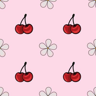 A seamless pattern featuring red cherries and white flowers on a pink background. The cherries are illustrated with a glossy finish, while the flowers are simple and stylized.