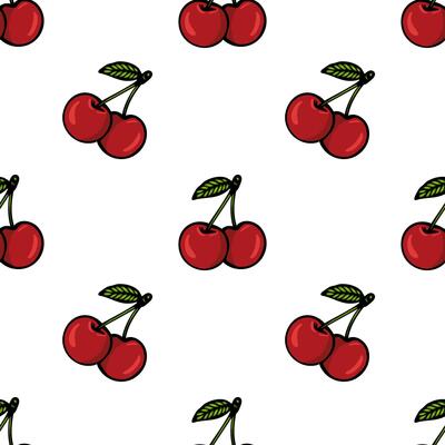 A seamless pattern featuring red cherries with green leaves on a white background. The cherries are depicted in pairs, showcasing their vibrant color and glossy appearance.