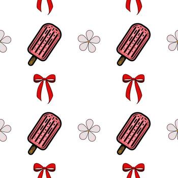 un juguetón modelo presentando rosado hielo crema Paletas de hielo, rojo arcos, y sencillo flor formas en un blanco antecedentes. ideal para con tema de verano diseños vector