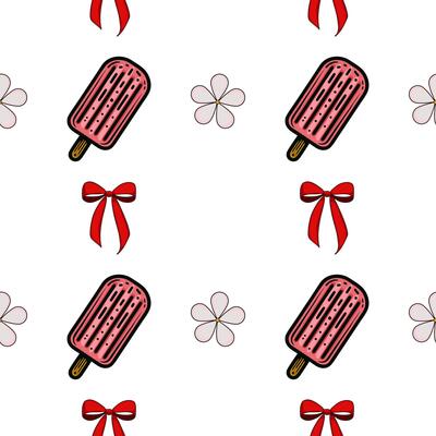 A playful pattern featuring pink ice cream popsicles, red bows, and simple flower shapes on a white background. Ideal for summer-themed designs.