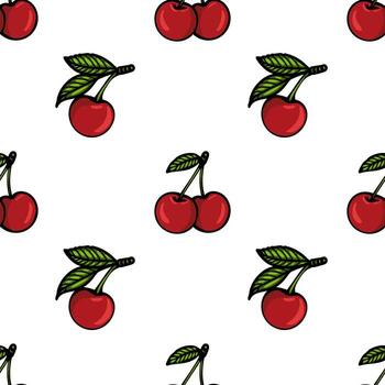A seamless pattern featuring illustrated cherries with green leaves on a white background. The cherries are bright red, round, and glossy, creating a cheerful and vibrant design. vector