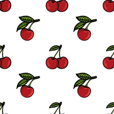 A seamless pattern featuring illustrated cherries with green leaves on a white background. The cherries are bright red, round, and glossy, creating a cheerful and vibrant design.