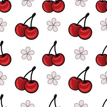 A seamless pattern featuring red cherries and simple flower outlines on a white background. The cherries are depicted in pairs with green stems, creating a playful and vibrant design. vector