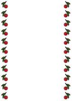 A decorative border featuring red cherries with green leaves, arranged vertically on both sides of a blank white background, creating a fresh and vibrant frame. vector