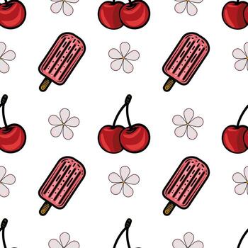 un juguetón modelo presentando Paletas de hielo, cerezas, y flores en un blanco antecedentes. el Paletas de hielo son rosado con un de madera palo, mientras el cerezas son brillante rojo, agregando un divertido y veraniego onda. vector