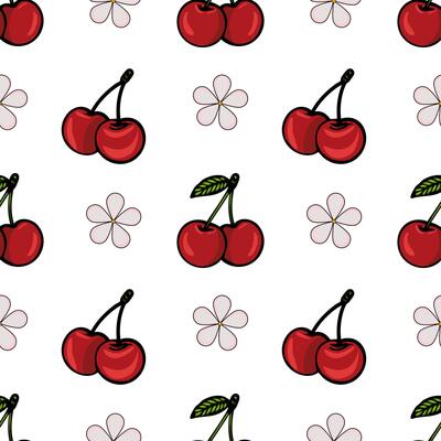 A seamless pattern featuring red cherries and simple flower shapes on a white background. The cherries are depicted with green leaves, creating a vibrant and playful design.