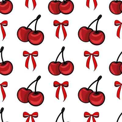 A seamless pattern featuring red cherries and red bows on a white background. The cherries are depicted in pairs with green stems, while the bows are simple and elegant.