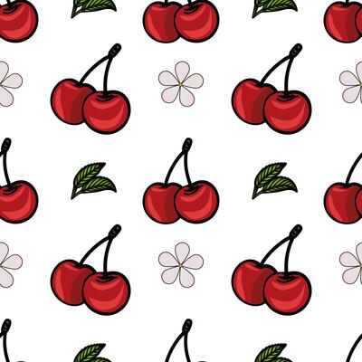 A seamless pattern featuring red cherries with green leaves and small flower outlines on a white background.
