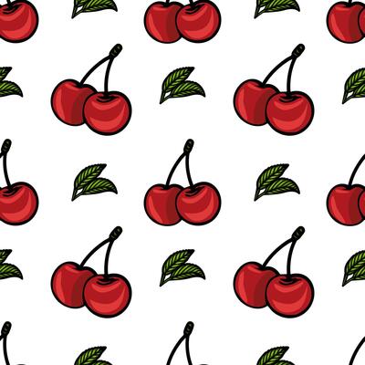 A seamless pattern featuring red cherries and green leaves on a white background. The cherries are depicted in pairs, showcasing their vibrant color and glossy texture.