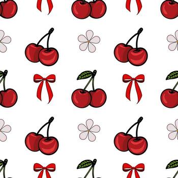 A seamless pattern featuring red cherries, green leaves, and red bows on a white background. The design includes clusters of cherries and decorative elements like flowers and ribbons. vector