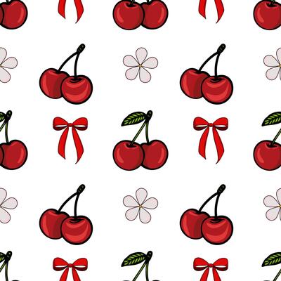 A seamless pattern featuring red cherries, green leaves, and red bows on a white background. The design includes clusters of cherries and decorative elements like flowers and ribbons.