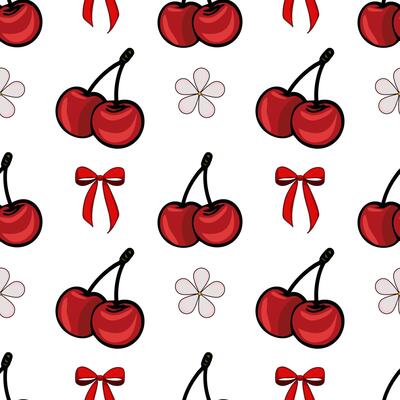 A seamless pattern featuring red cherries, red bows, and flower shapes on a white background. The cherries are depicted in pairs with green stems, while the bows are bright red.