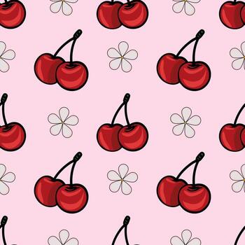 A seamless pattern featuring red cherries and simple flower shapes on a pink background. The cherries are depicted in pairs with green stems, creating a playful and vibrant design. vector