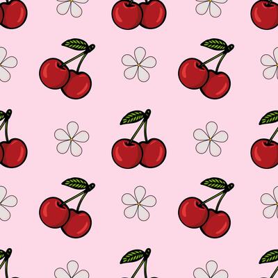 A seamless pattern featuring red cherries with green leaves on a light pink background, interspersed with white flower outlines.