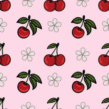 A repeating pattern featuring cherries with green leaves on a pink background, interspersed with simple flower outlines. vector