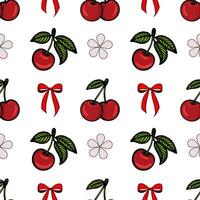 A seamless pattern featuring cherries, green leaves, and red bows on a white background. The design includes single and paired cherries, along with decorative elements like flowers and ribbons. vector