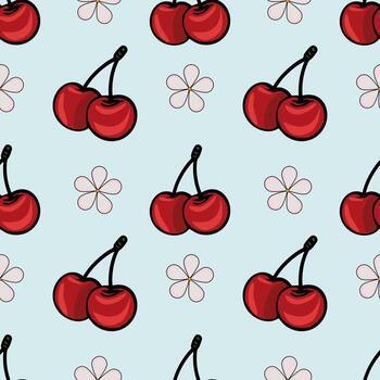 A seamless pattern featuring red cherries and light pink flowers on a soft blue background. The cherries are depicted in pairs with green stems, creating a playful and vibrant design. vector