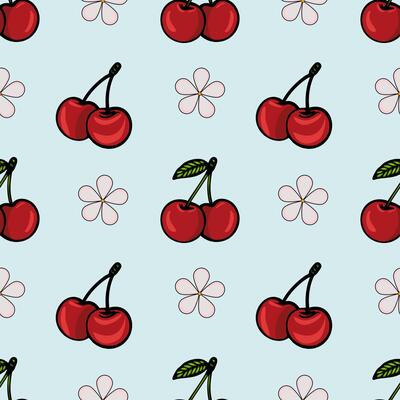A repeating pattern featuring red cherries and simple flower shapes on a light blue background. The cherries are depicted with green leaves, creating a playful and vibrant design.