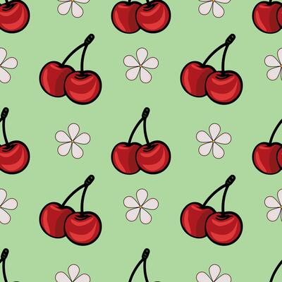 A repeating pattern featuring red cherries and light pink flowers on a soft green background.