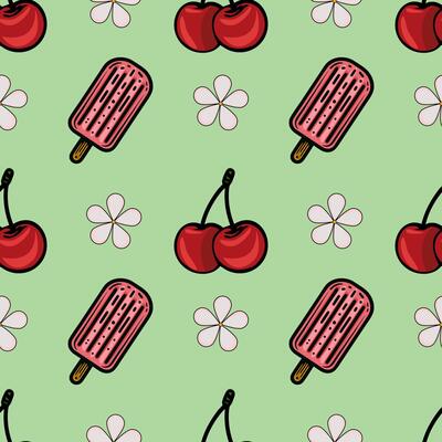 A playful pattern featuring popsicles, cherries, and flowers on a light green background. The design is colorful and fun, perfect for summer themes.