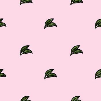 A seamless pattern featuring small green leaves on a soft pink background. The leaves are illustrated with a simple, hand-drawn style, creating a fresh and vibrant look. vector