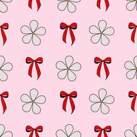 A seamless pattern featuring white flowers and red bows on a pink background. The flowers have a simple design with a yellow center, while the bows are tied neatly. vector