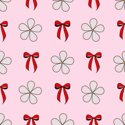 A seamless pattern featuring white flowers and red bows on a pink background. The flowers have a simple design with a yellow center, while the bows are tied neatly.