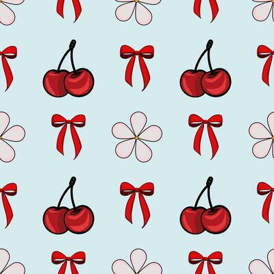 A repeating pattern featuring red cherries, red bows, and light pink flowers on a light blue background.