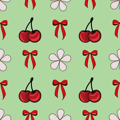 A playful pattern featuring red cherries, red bows, and white flowers on a light green background. The design is vibrant and cheerful, suitable for various decorative purposes.