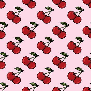 A seamless pattern featuring bright red cherries with green leaves on a soft pink background. The cherries are illustrated in a playful, cartoonish style, creating a vibrant design. vector