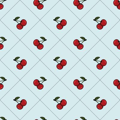 A repeating pattern of red cherries with green leaves on a light blue background. The cherries are illustrated in a simple, cartoonish style, creating a cheerful and vibrant design.