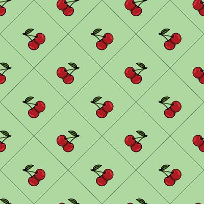 A repeating pattern of red cherries with green leaves on a light green background.