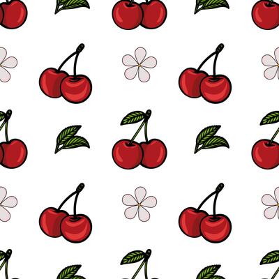 A seamless pattern featuring red cherries with green leaves and a simple flower design on a white background.