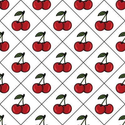 A seamless pattern featuring red cherries with green leaves on a white background, arranged in a diamond grid layout.