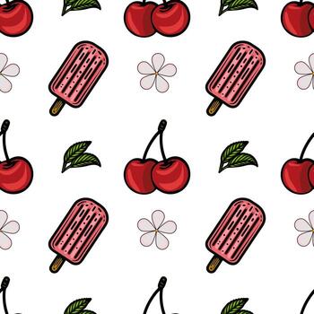 un juguetón modelo presentando cerezas, hielo estallidos, y flores en un blanco antecedentes. el diseño es vistoso y divertido, Perfecto para verano temas vector