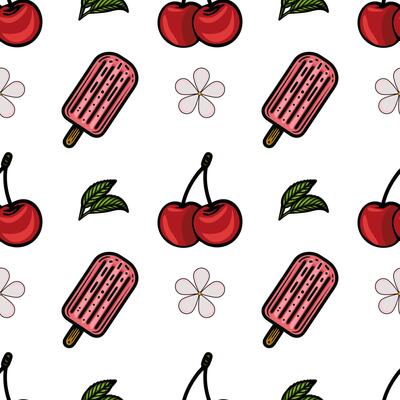 A playful pattern featuring cherries, ice pops, and flowers on a white background. The design is colorful and fun, perfect for summer themes.