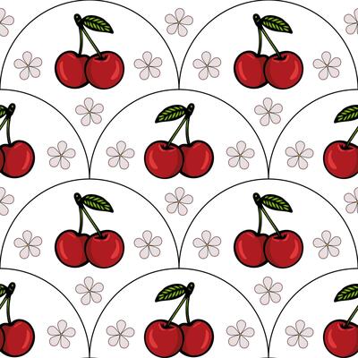 A repeating pattern featuring red cherries with green leaves, surrounded by small pink flowers on a white background. The design is playful and vibrant, suitable for textiles or wallpapers.