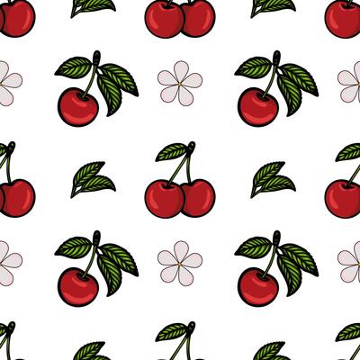A seamless pattern featuring red cherries with green leaves on a white background, interspersed with simple flower outlines.