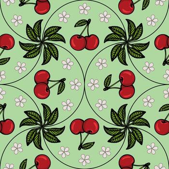 A vibrant pattern featuring red cherries, green leaves, and small pink flowers on a light green background. The design is playful and suitable for various textile applications. vector