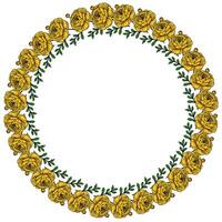 A circular floral frame featuring yellow roses and green leaves, designed for decorative purposes. The arrangement is symmetrical and vibrant, ideal for invitations or greeting cards. vector