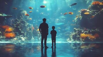 A man and child stand in front of an aquarium photo