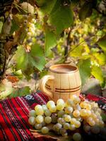 A table with a cup of coffee and grapes photo