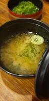 A bowl of soup with a green onion in it photo