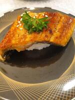 A plate with a piece of fish on top of rice photo