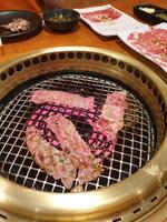 A grill with meat on it and a plate of food photo